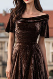 Brown Long A Line Velvet Holiday Party Dress