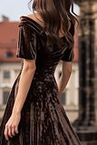 Brown Long A Line Velvet Holiday Party Dress