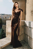 Brown Mermaid Velvet Long Holiday Party Dress with Bow