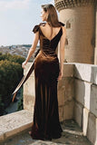 Brown Mermaid Velvet Long Holiday Party Dress with Bow
