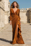 Caramel Ruffled Velvet Long Holiday Party Dress with Slit