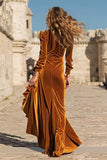 Caramel Ruffled Velvet Long Holiday Party Dress with Slit