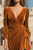 Caramel Ruffled Velvet Long Holiday Party Dress with Slit