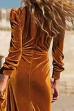 Caramel Ruffled Velvet Long Holiday Party Dress with Slit