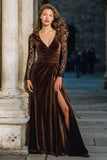 Brown A Line Velvet Long Holiday Party Dress with Slit