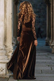Brown A Line Velvet Long Holiday Party Dress with Slit