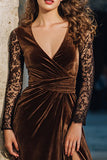 Brown A Line Velvet Long Holiday Party Dress with Slit