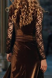Brown A Line Velvet Long Holiday Party Dress with Slit