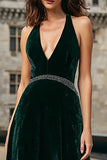 Sparkly Dark Green Halter Velvet Long Holiday Party Dress