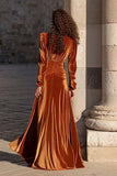 Caramel Velvet V Neck Maxi Holiday Party Dress with Slit