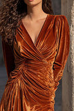 Caramel Velvet V Neck Maxi Holiday Party Dress with Slit