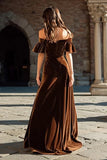 Brown Velvet A Line Long Ruffled Holiday Party Dress