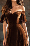 Brown Velvet A Line Long Ruffled Holiday Party Dress