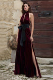 Burgundy High Neck Long Velvet Holiday Party Dress with Keyhole