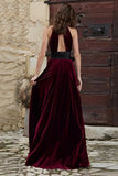 Burgundy High Neck Long Velvet Holiday Party Dress with Keyhole