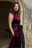 Burgundy High Neck Long Velvet Holiday Party Dress with Keyhole