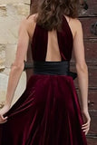 Burgundy High Neck Long Velvet Holiday Party Dress with Keyhole