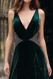Sparkly Dark Green Beaded Velvet Maxi Holiday Party Dress