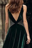 Sparkly Dark Green Beaded Velvet Maxi Holiday Party Dress