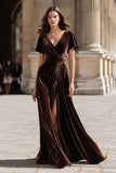 Brown V Neck Velvet Long Holiday Party Dress with Slit