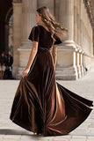 Brown V Neck Velvet Long Holiday Party Dress with Slit