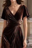 Brown V Neck Velvet Long Holiday Party Dress with Slit