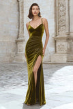 Olive Mermaid Velvet Long Holiday Party Dress with Slit