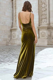 Olive Mermaid Velvet Long Holiday Party Dress with Slit