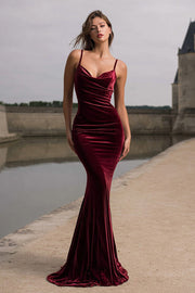 Burgundy Velvet Mermaid Spaghetti Straps Long Holiday Party Dress
