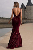 Burgundy Velvet Mermaid Spaghetti Straps Long Holiday Party Dress