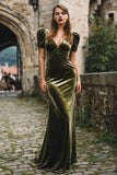 Olive Velvet Mermaid Maxi Holiday Party Dress with Sleeves