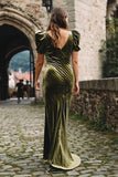 Olive Velvet Mermaid Maxi Holiday Party Dress with Sleeves