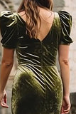 Olive Velvet Mermaid Maxi Holiday Party Dress with Sleeves