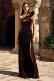 Brown Sheath Velvet Long Holiday Party Dress with Sash