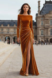 Caramel Sheath Velvet Long Holiday Party Dress with Slit