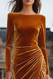 Caramel Sheath Velvet Long Holiday Party Dress with Slit