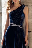 Sparkly Navy Beaded Velvet A Line Long Holiday Party Dress