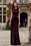 Burgundy Round Neck Velvet Mermaid Long Holiday Party Dress with Lace