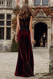 Burgundy Round Neck Velvet Mermaid Long Holiday Party Dress with Lace
