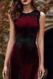 Burgundy Round Neck Velvet Mermaid Long Holiday Party Dress with Lace