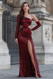 Sparkly Burgundy Sequin Cut Out Mermaid Long Prom Dress with Sleeves