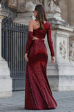 Sparkly Burgundy Sequin Cut Out Mermaid Long Prom Dress with Sleeves