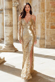 Sparkly Gold Cold Shoulder Sequins Mermaid Long Prom Dress with Slit