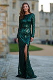 Sparkly Sequins Dark Green Mermaid Long Prom Dress with Sleeves