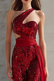 Sparkly Red Mermaid One Shoulder Long Prom Dress with Side Cape
