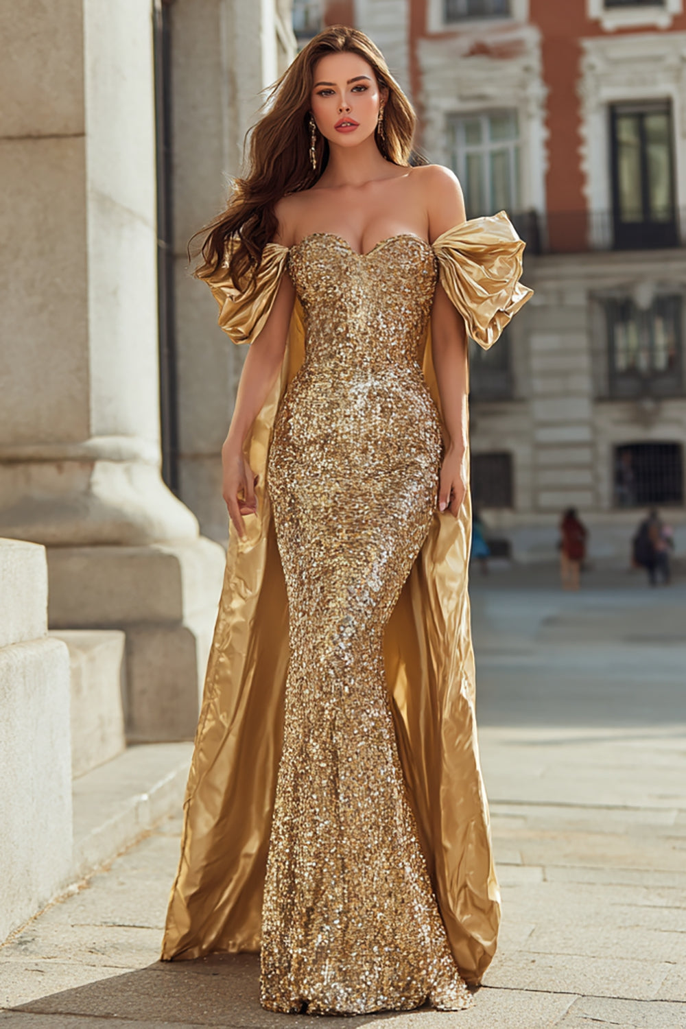 Leely Women Sparkly Gold Sequin Long Prom Dress with Cape Sweetheart