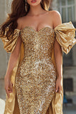 Sparkly Gold Sequin Sweetheart Mermaid Long Prom Dress with Cape