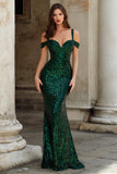 Sparkly Dark Green Cold Shoulder Mermaid Backless Long Prom Dress