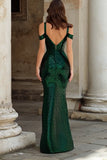 Sparkly Dark Green Cold Shoulder Mermaid Backless Long Prom Dress