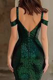 Sparkly Dark Green Cold Shoulder Mermaid Backless Long Prom Dress